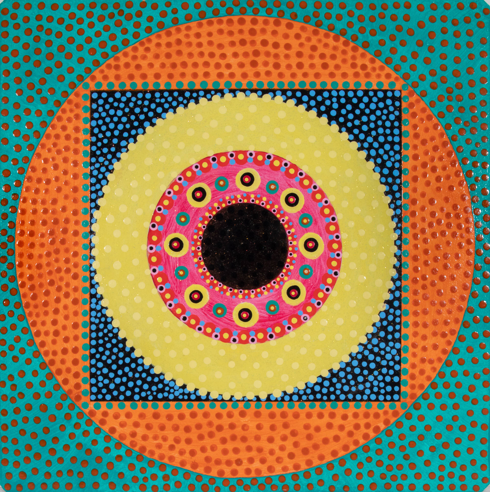 Painting of a mandala pattern with black circle at center, with pink, yellow and orange concentric circles as well as a blue and green square. Colorful dots throughout.